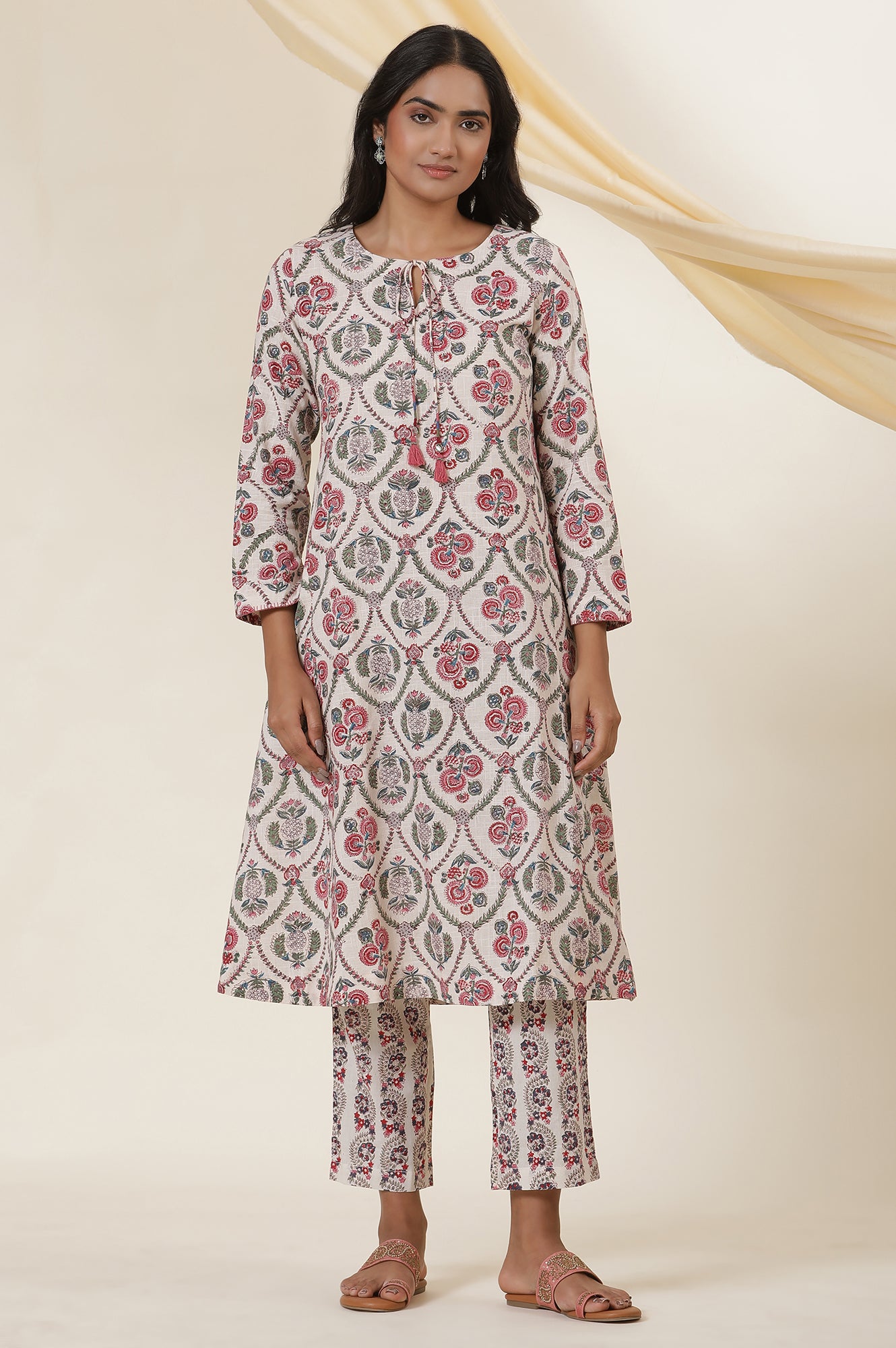 Ecru Cotton Slub Kurta In Multi-Colured Block-Print With Neck-Tie Up