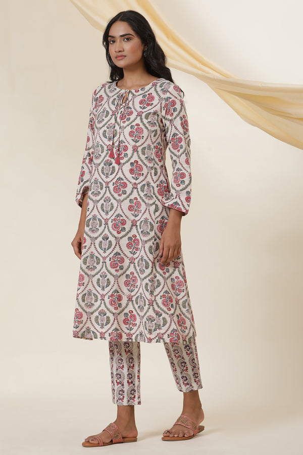 Ecru Cotton Slub Kurta In Multi-Colured Block-Print With Neck-Tie Up