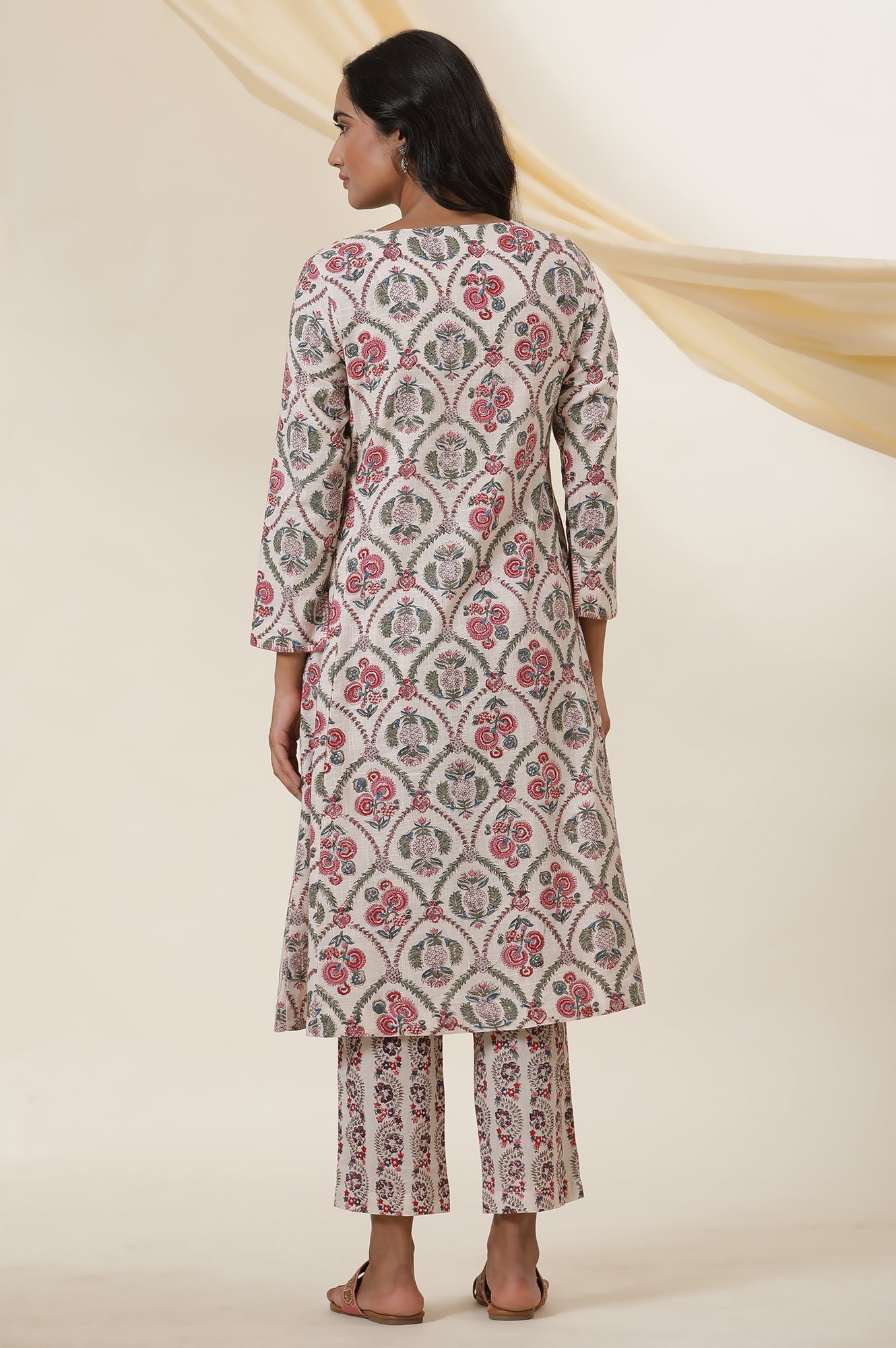 Ecru Cotton Slub Kurta In Multi-Colured Block-Print With Neck-Tie Up