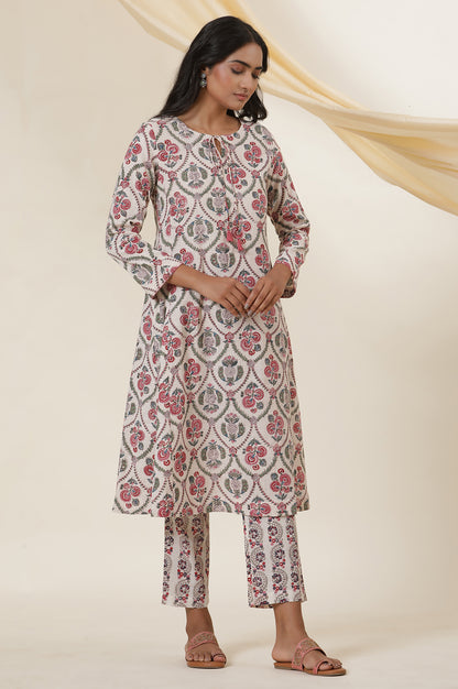 Ecru Cotton Slub Kurta In Multi-Colured Block-Print With Neck-Tie Up