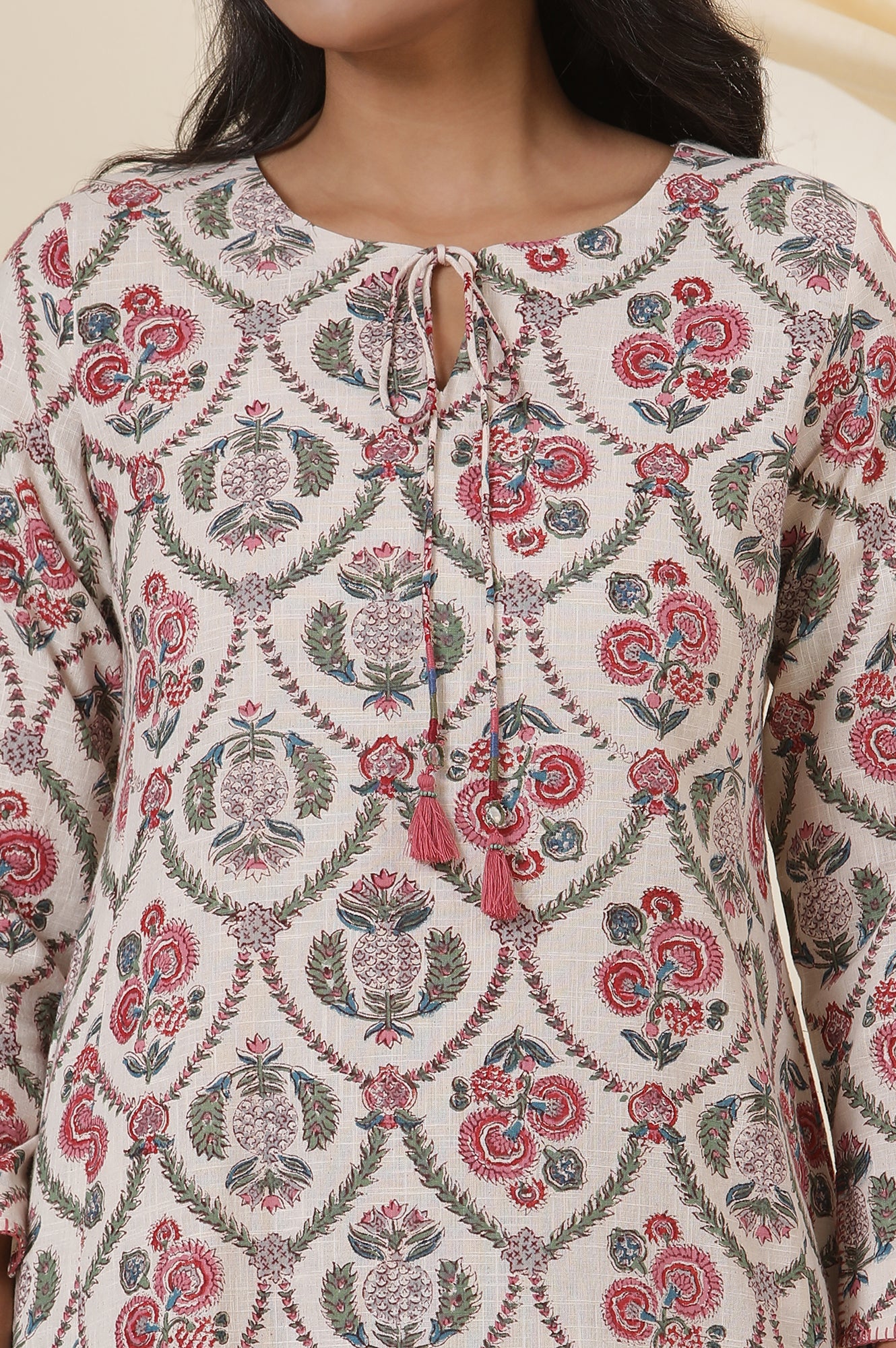 Ecru Cotton Slub Kurta In Multi-Colured Block-Print With Neck-Tie Up