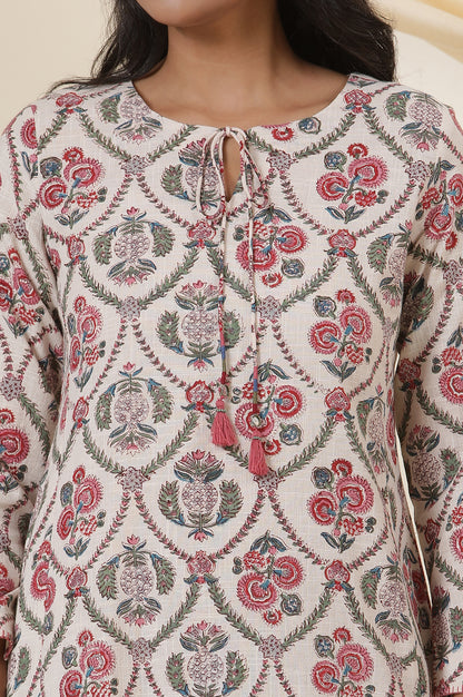 Ecru Cotton Slub Kurta In Multi-Colured Block-Print With Neck-Tie Up