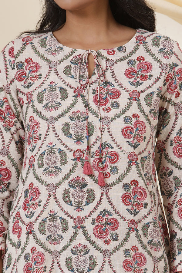 Ecru Cotton Slub Kurta In Multi-Colured Block-Print With Neck-Tie Up