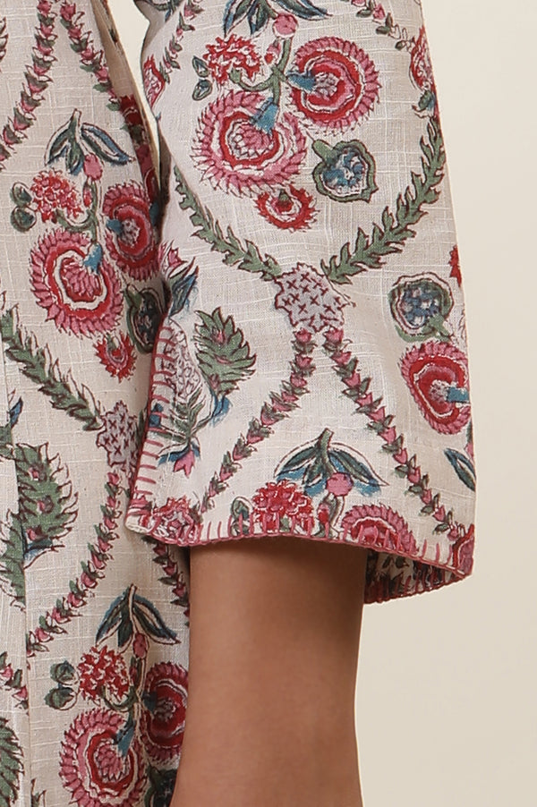 Ecru Cotton Slub Kurta In Multi-Colured Block-Print With Neck-Tie Up