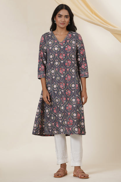 Grey V-Neck Panelled Kurta