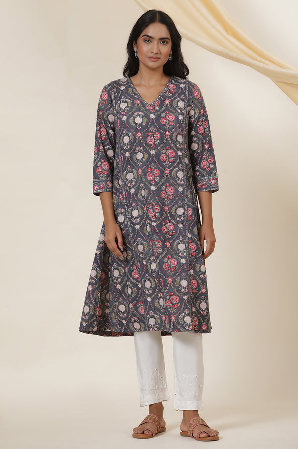 Grey V-Neck Panelled Kurta