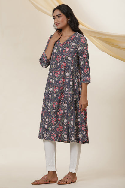 Grey V-Neck Panelled Kurta