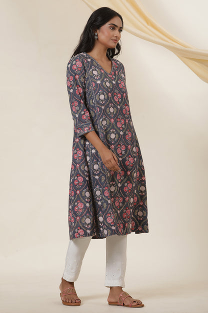 Grey V-Neck Panelled Kurta