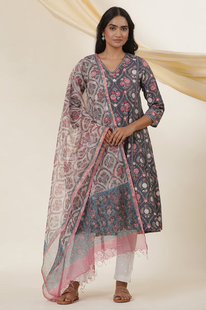 Grey V-Neck Panelled Kurta