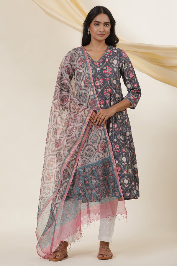 Grey V-Neck Panelled Kurta