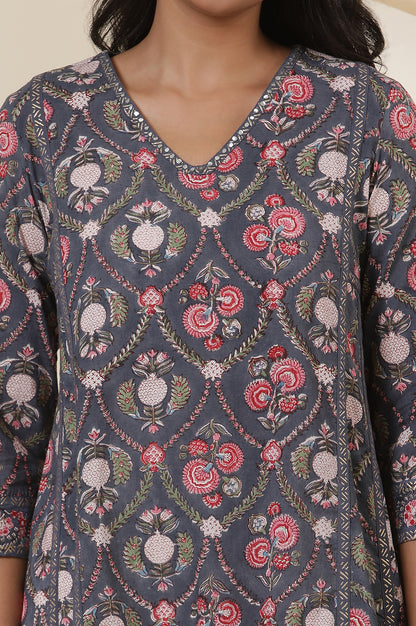 Grey V-Neck Panelled Kurta