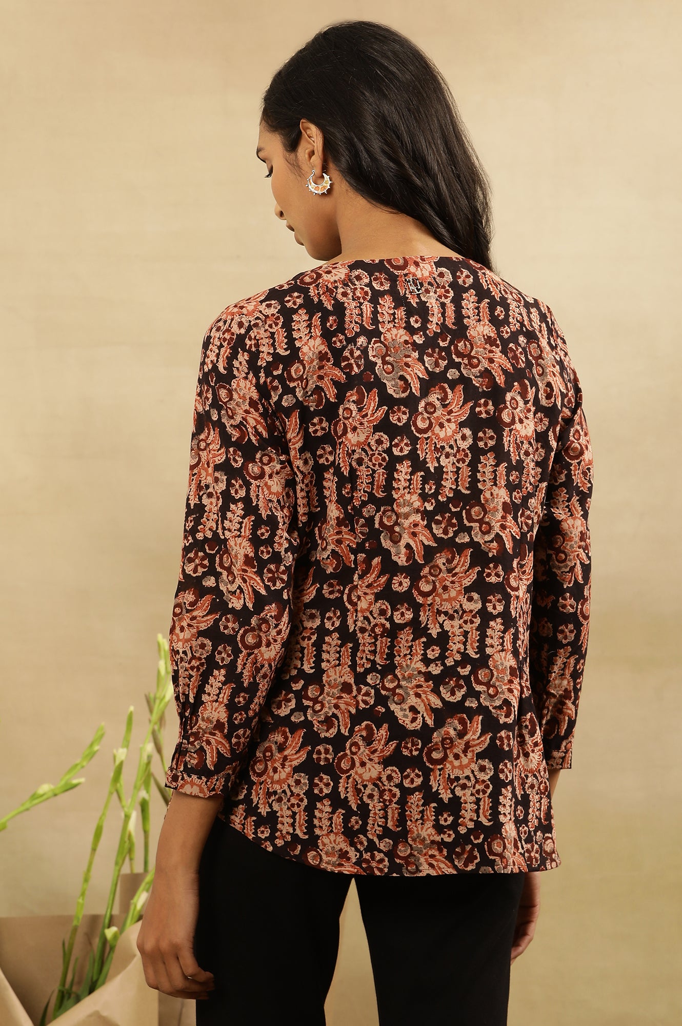 Black And Brick Red Block Printed Top In Cotton Slub