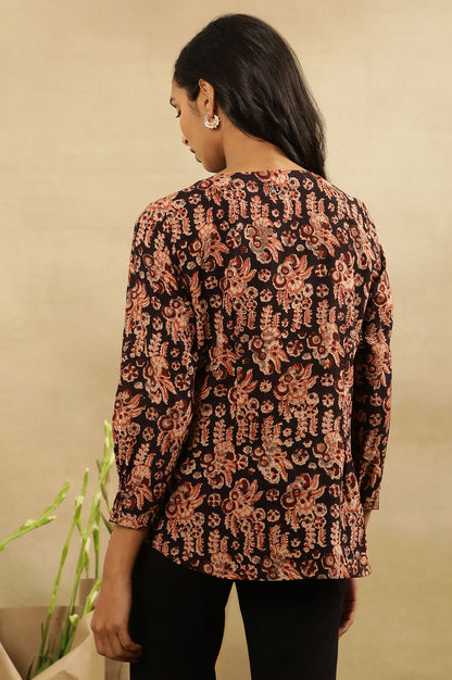 Black And Brick Red Block Printed Top In Cotton Slub