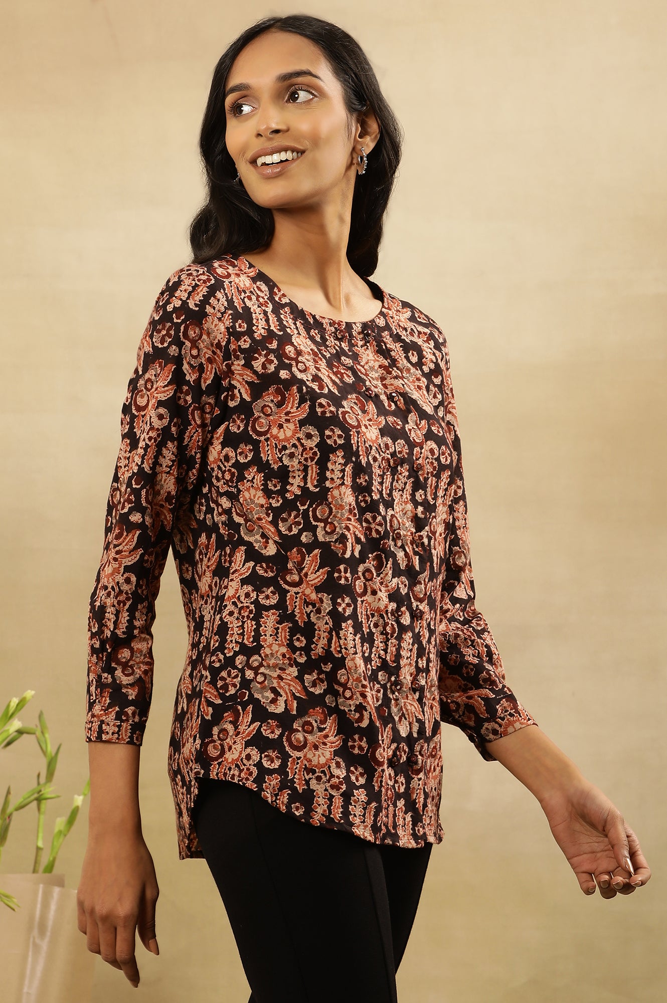 Black And Brick Red Block Printed Top In Cotton Slub