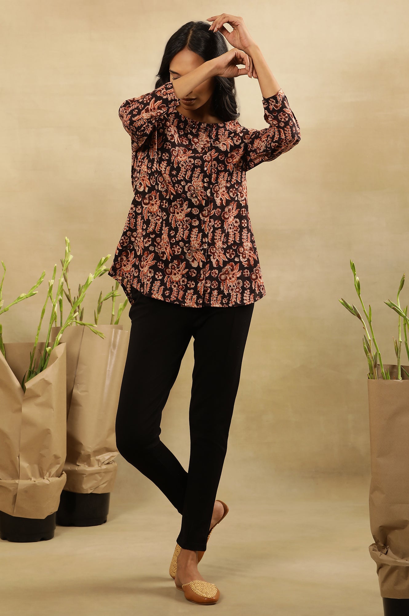 Black And Brick Red Block Printed Top In Cotton Slub
