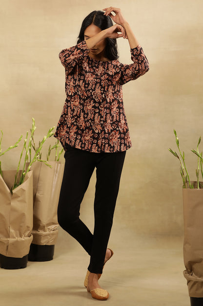 Black And Brick Red Block Printed Top In Cotton Slub