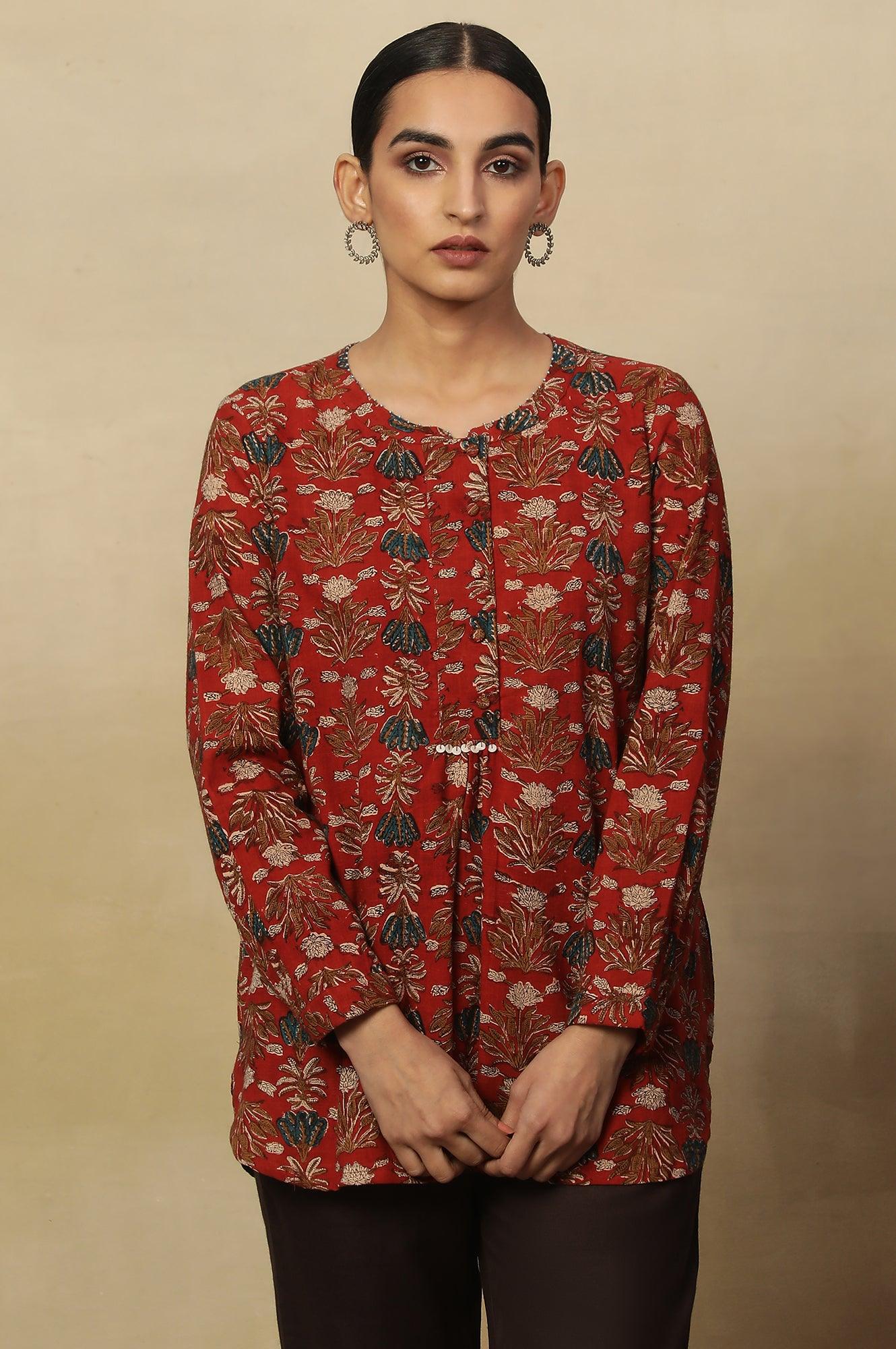 Brick Red Floral Block Print Kurta With Half Placket - wforwoman