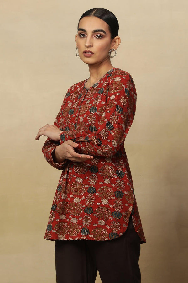 Brick Red Floral Block Print Kurta With Half Placket