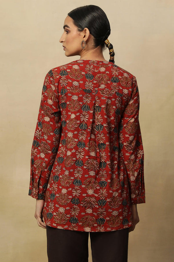 Brick Red Floral Block Print Kurta With Half Placket