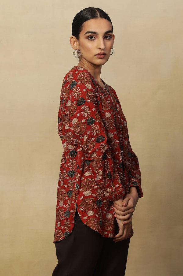 Brick Red Floral Block Print Kurta With Half Placket