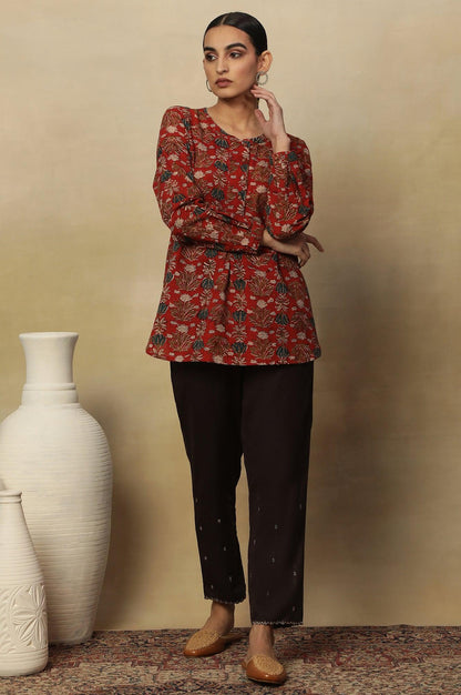 Brick Red Floral Block Print Kurta With Half Placket - wforwoman
