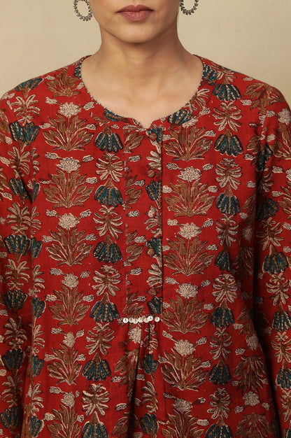Brick Red Floral Block Print Kurta With Half Placket - wforwoman