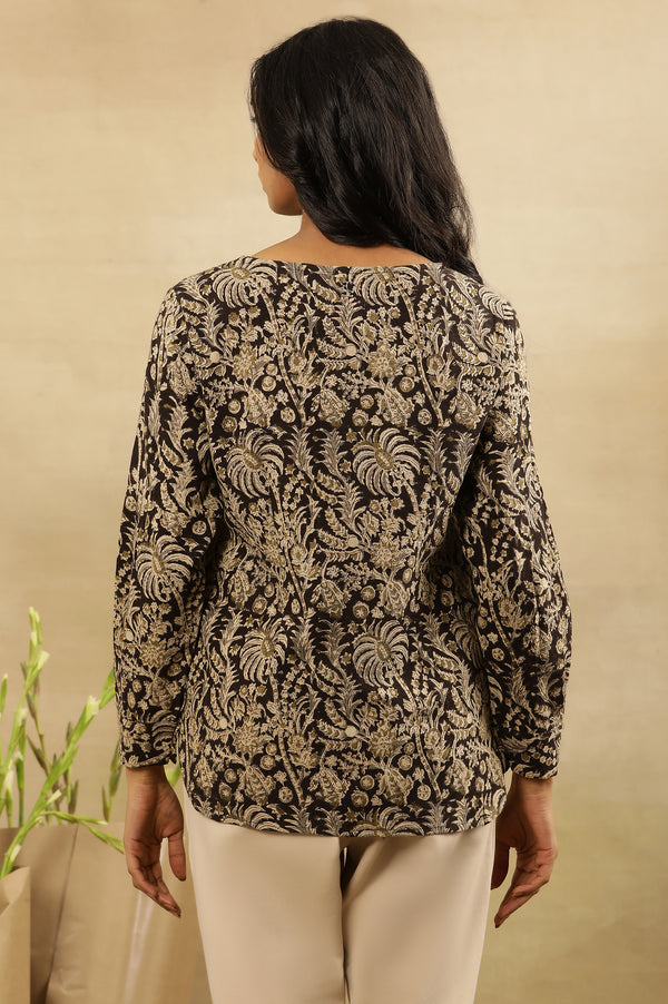 Black Block Print V-Neck Top In Cotton Slub