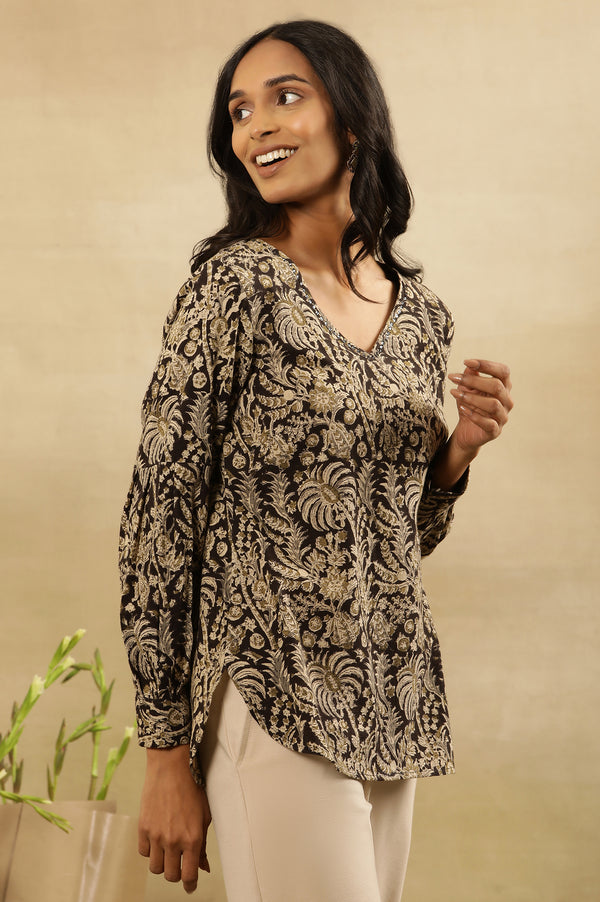 Black Block Print V-Neck Top In Cotton Slub
