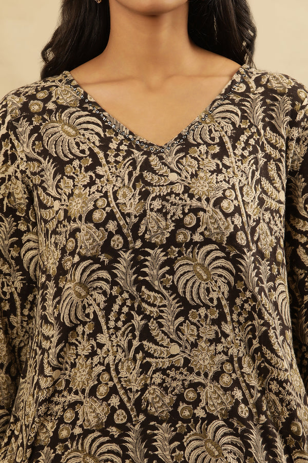 Black Block Print V-Neck Top In Cotton Slub