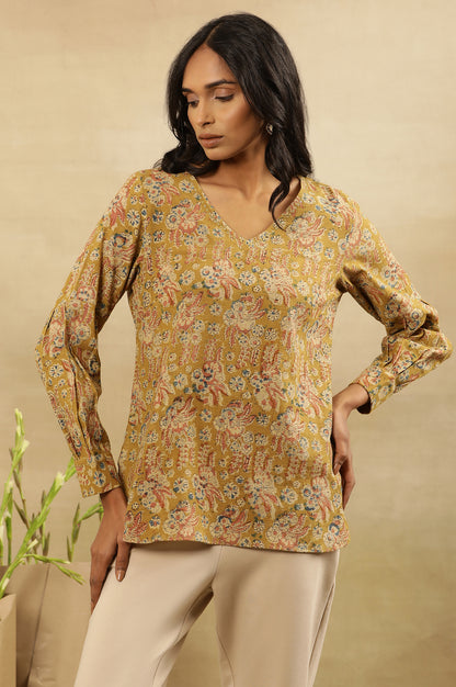 Yellow Floral Block Print V-Neck Top