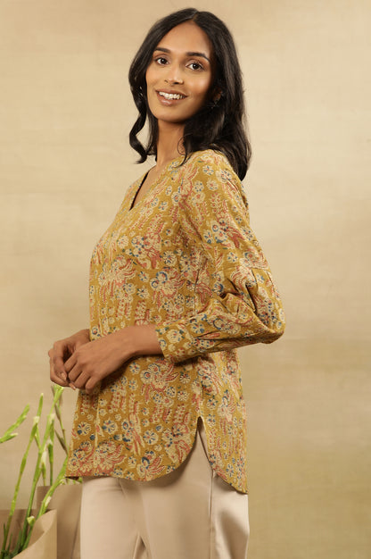 Yellow Floral Block Print V-Neck Top