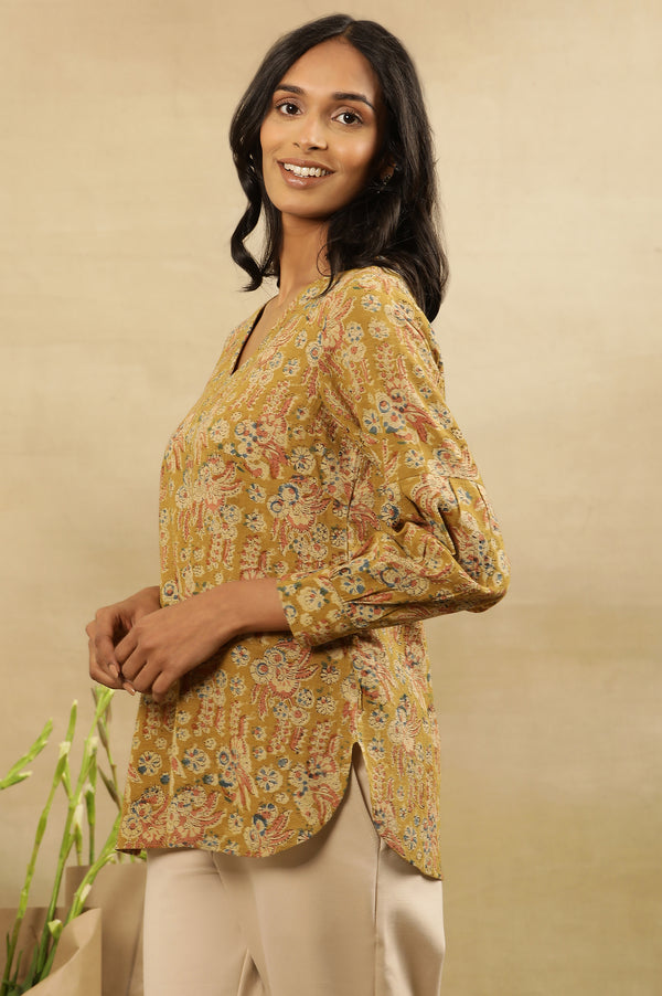 Yellow Floral Block Print V-Neck Top