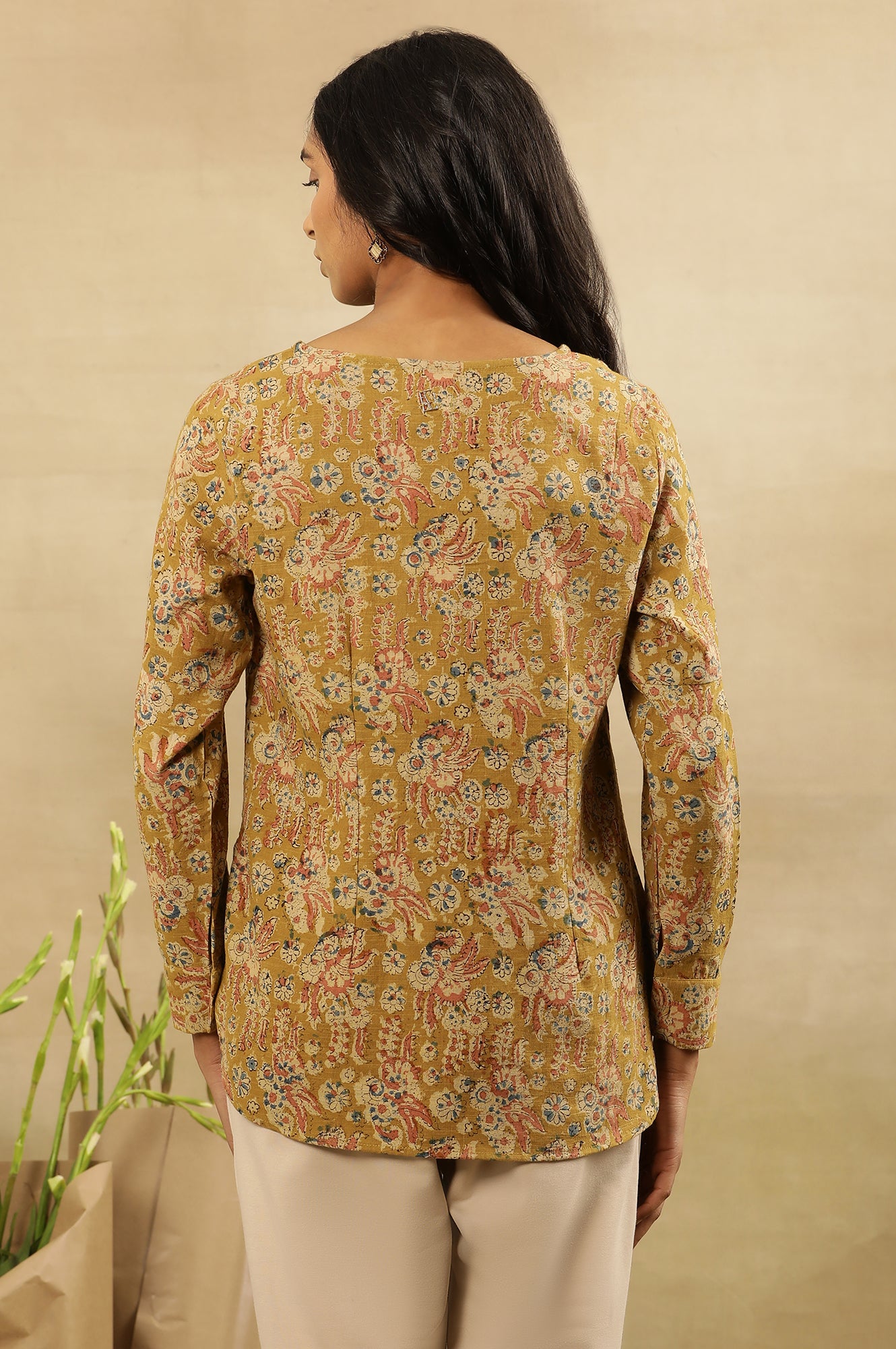 Yellow Floral Block Print V-Neck Top