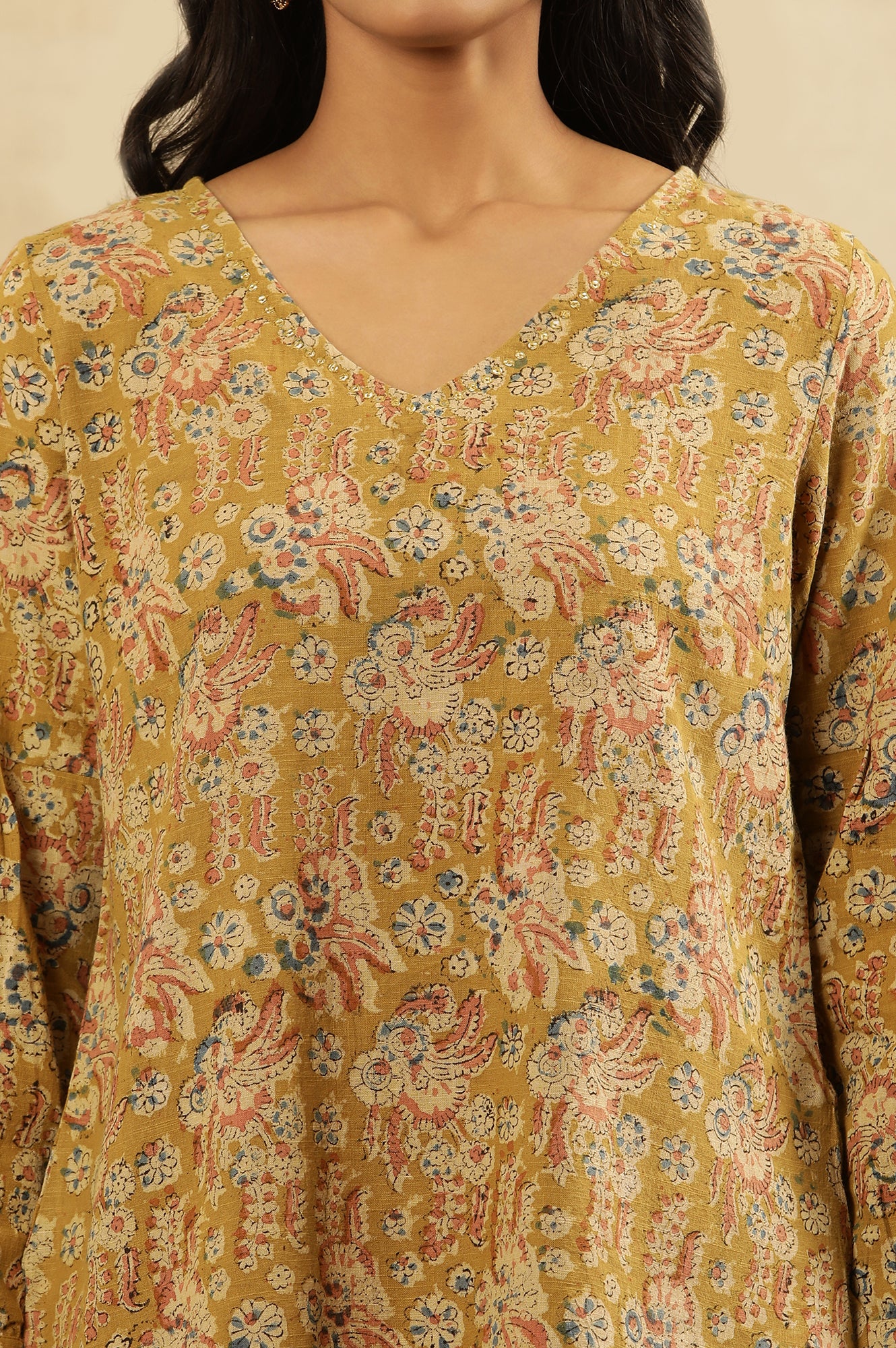 Yellow Floral Block Print V-Neck Top