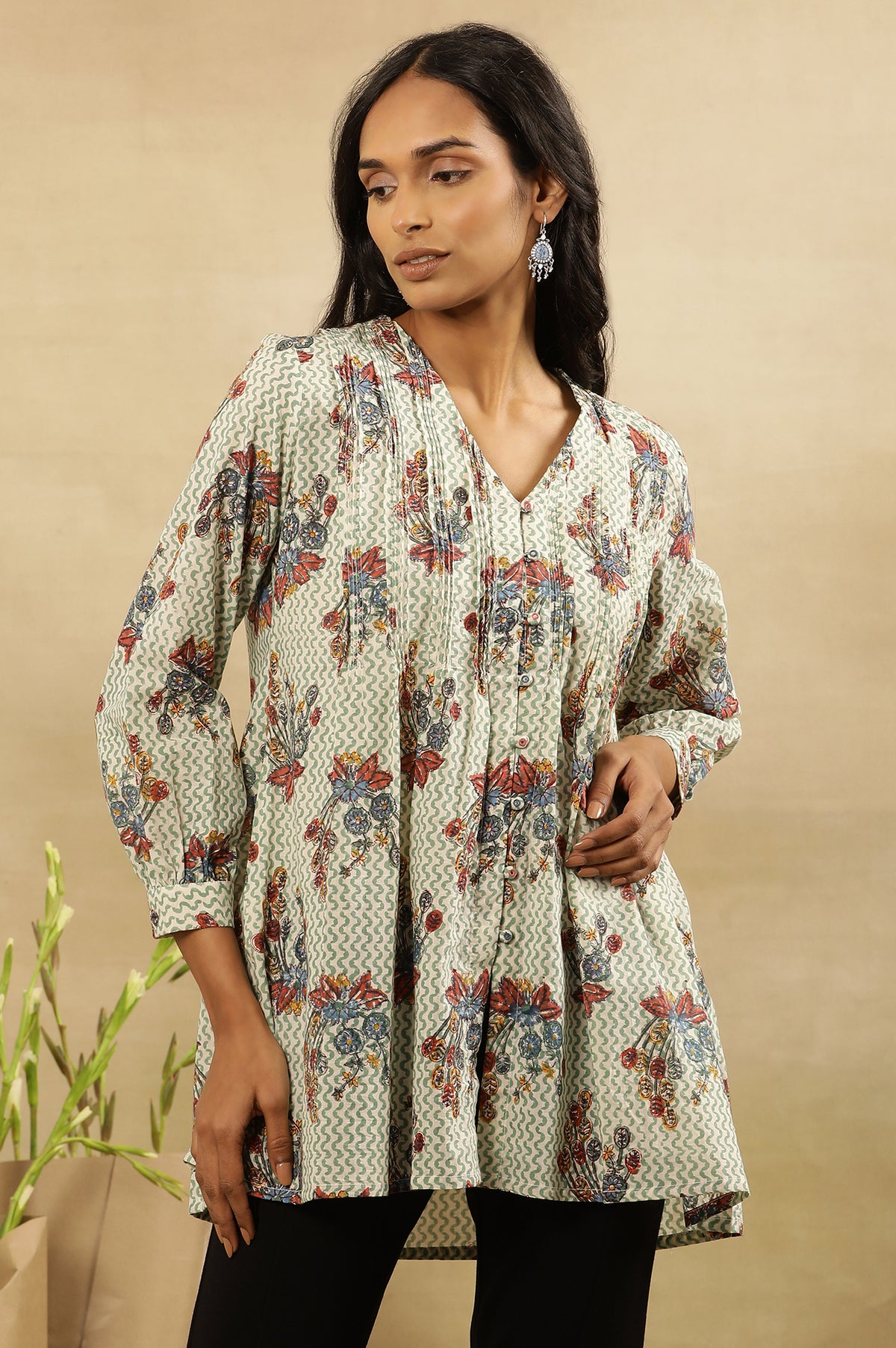 White Cotton Voile Hand Block Printed Pleated Top - XS