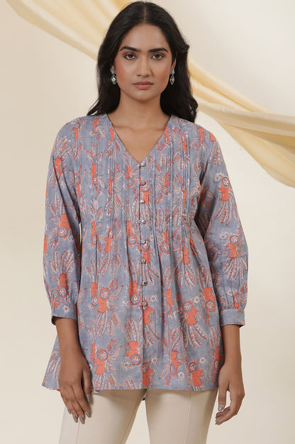 Blue Cotton Multi-Coloured Block Print Pleated Top