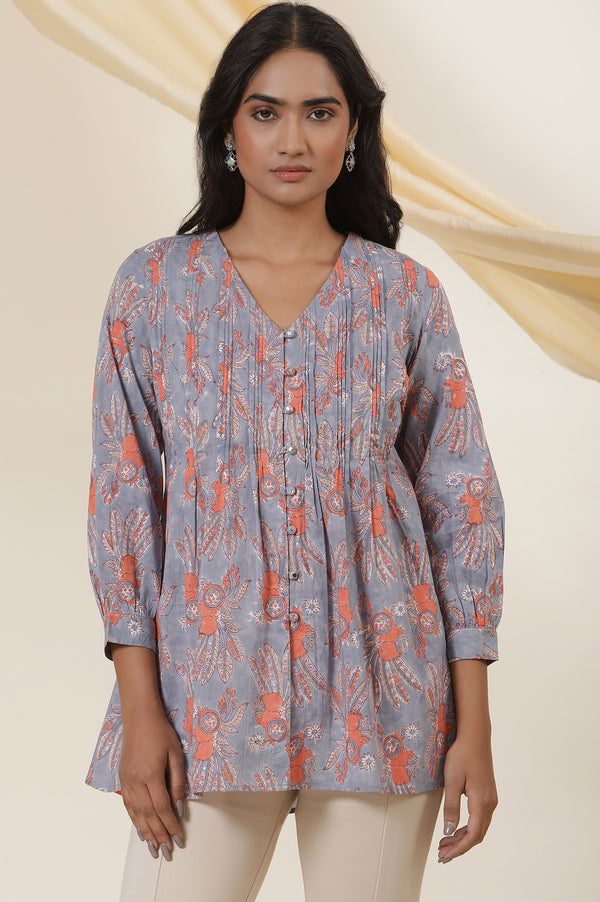 Blue Cotton Multi-Coloured Block Print Pleated Top