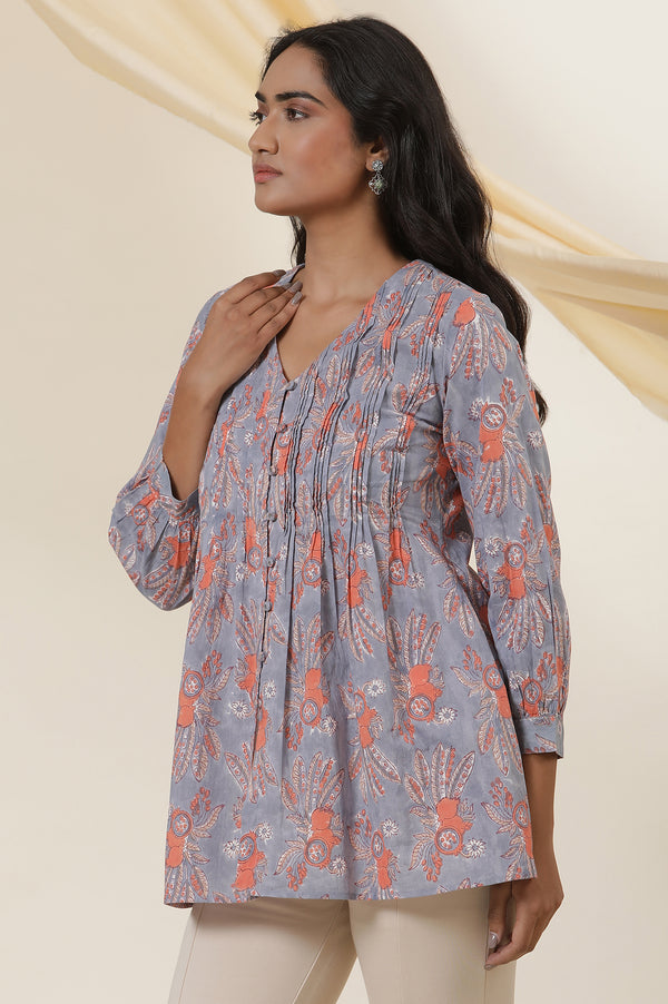 Blue Cotton Multi-Coloured Block Print Pleated Top