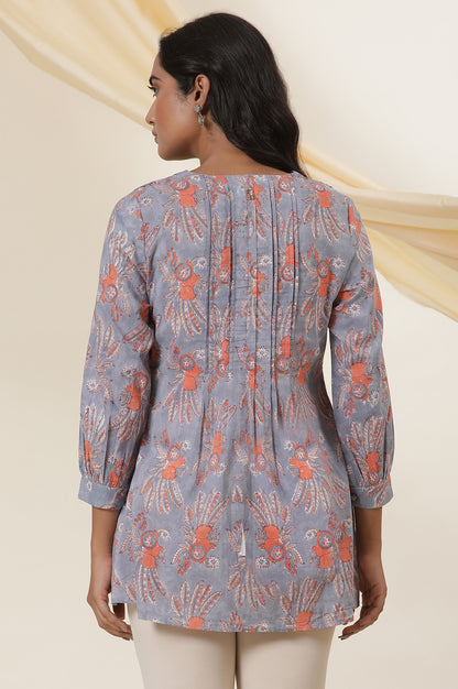 Blue Cotton Multi-Coloured Block Print Pleated Top