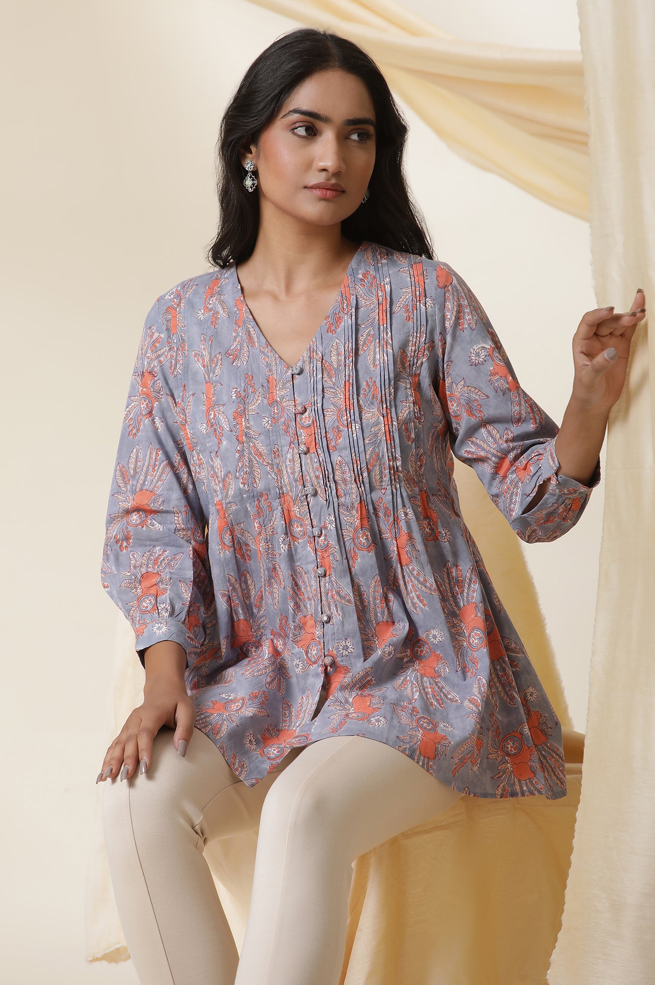 Blue Cotton Multi-Coloured Block Print Pleated Top