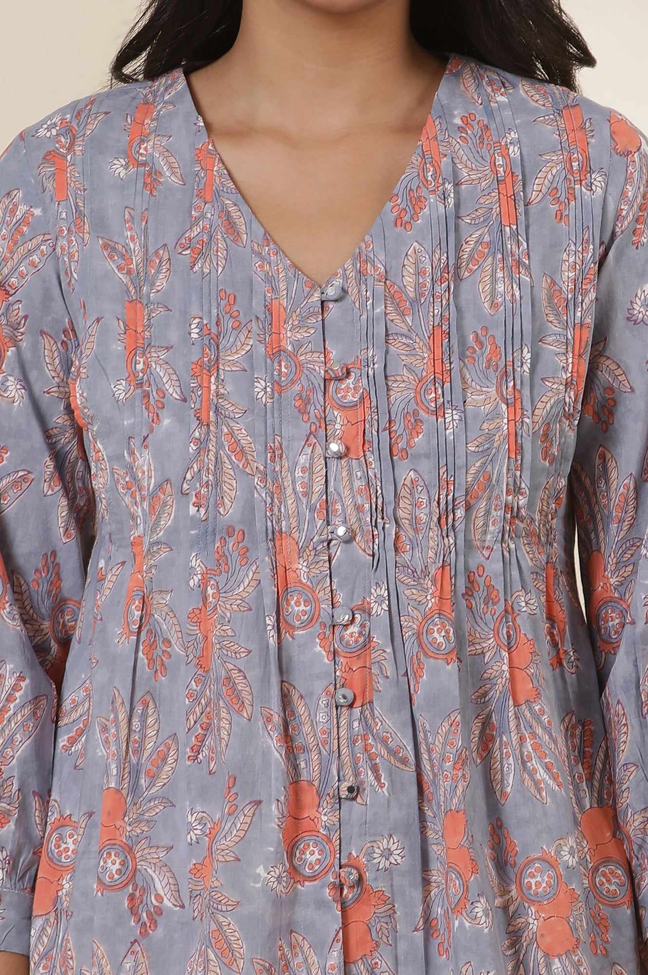 Blue Cotton Multi-Coloured Block Print Pleated Top