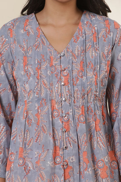 Blue Cotton Multi-Coloured Block Print Pleated Top