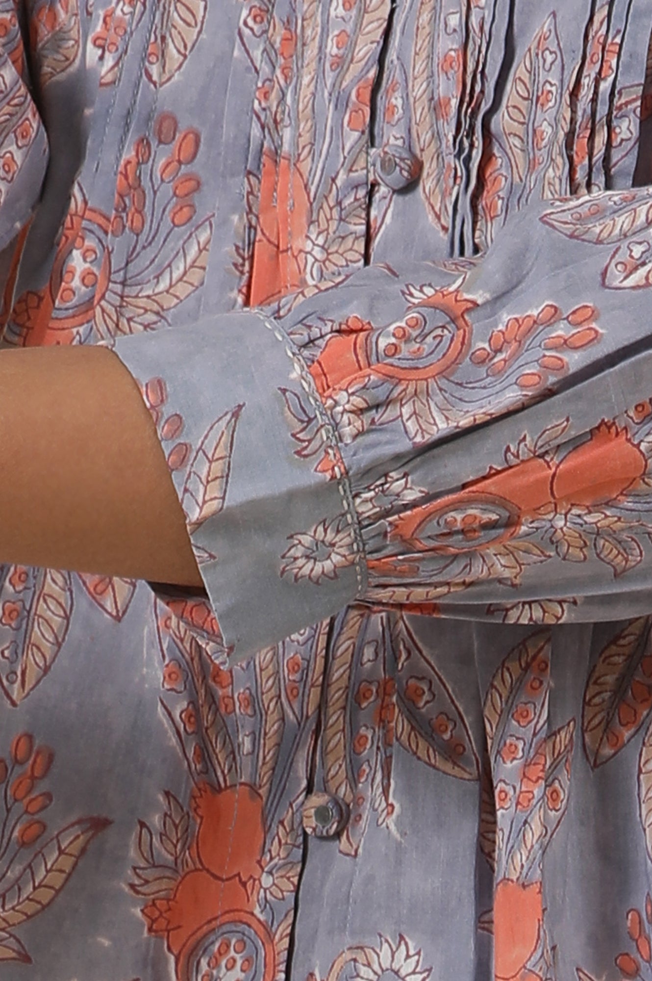 Blue Cotton Multi-Coloured Block Print Pleated Top