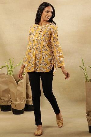 Mustard Block Print Top With Curved Hemline