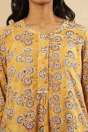Mustard Block Print Top With Curved Hemline
