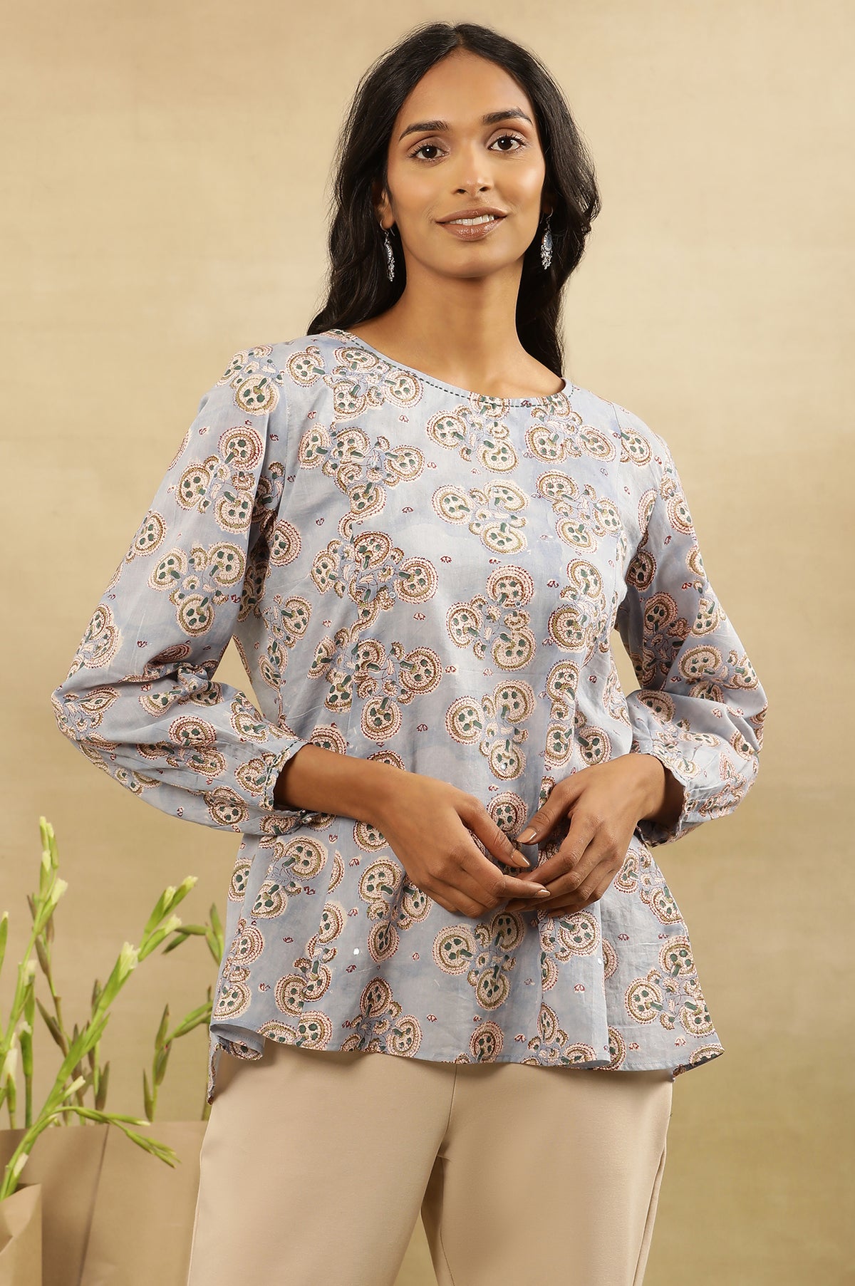 Columbia Blue Block Printed Boat Neck Top - XS