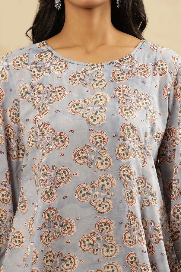 Columbia Blue Block Printed Boat Neck Top