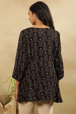 Black Printed Round Neck Flared Top In Lustrous Satin