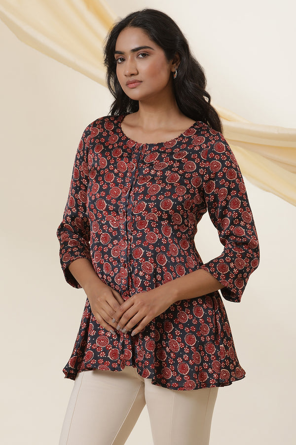 Red & Blue Printed Round Neck Flared Top