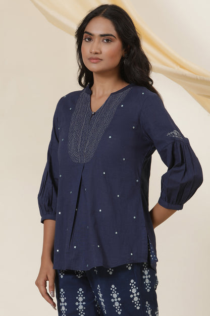 Indigo Blue Embroidered Cotton Slub Top